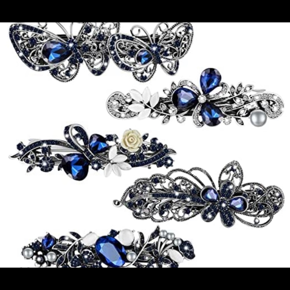 NWT 5Pc Crystal Rhinestones Hair Barrettes Flower Butterfly French Clip Vintage